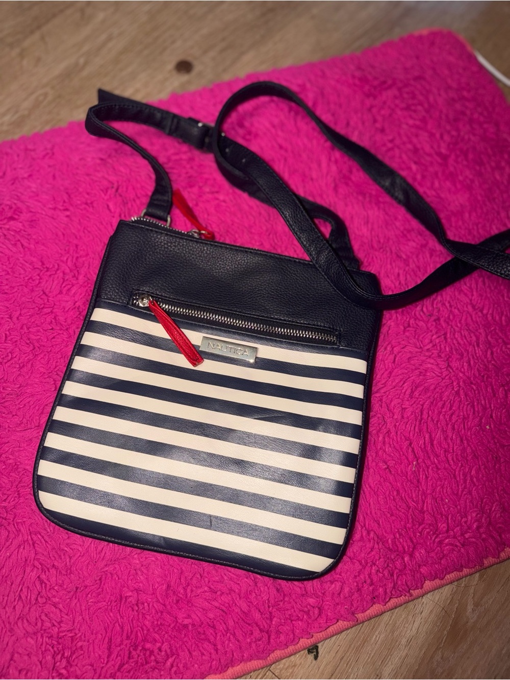 Nautica Navy and White Striped Crossbody with Red Zip Pull